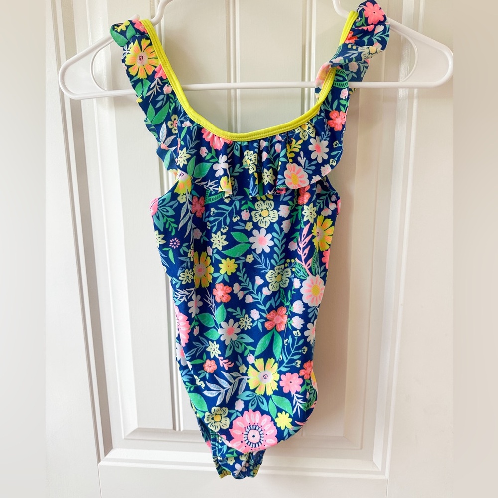 EUC Cat & Jack floral neon one piece swimsuit size 6/6x